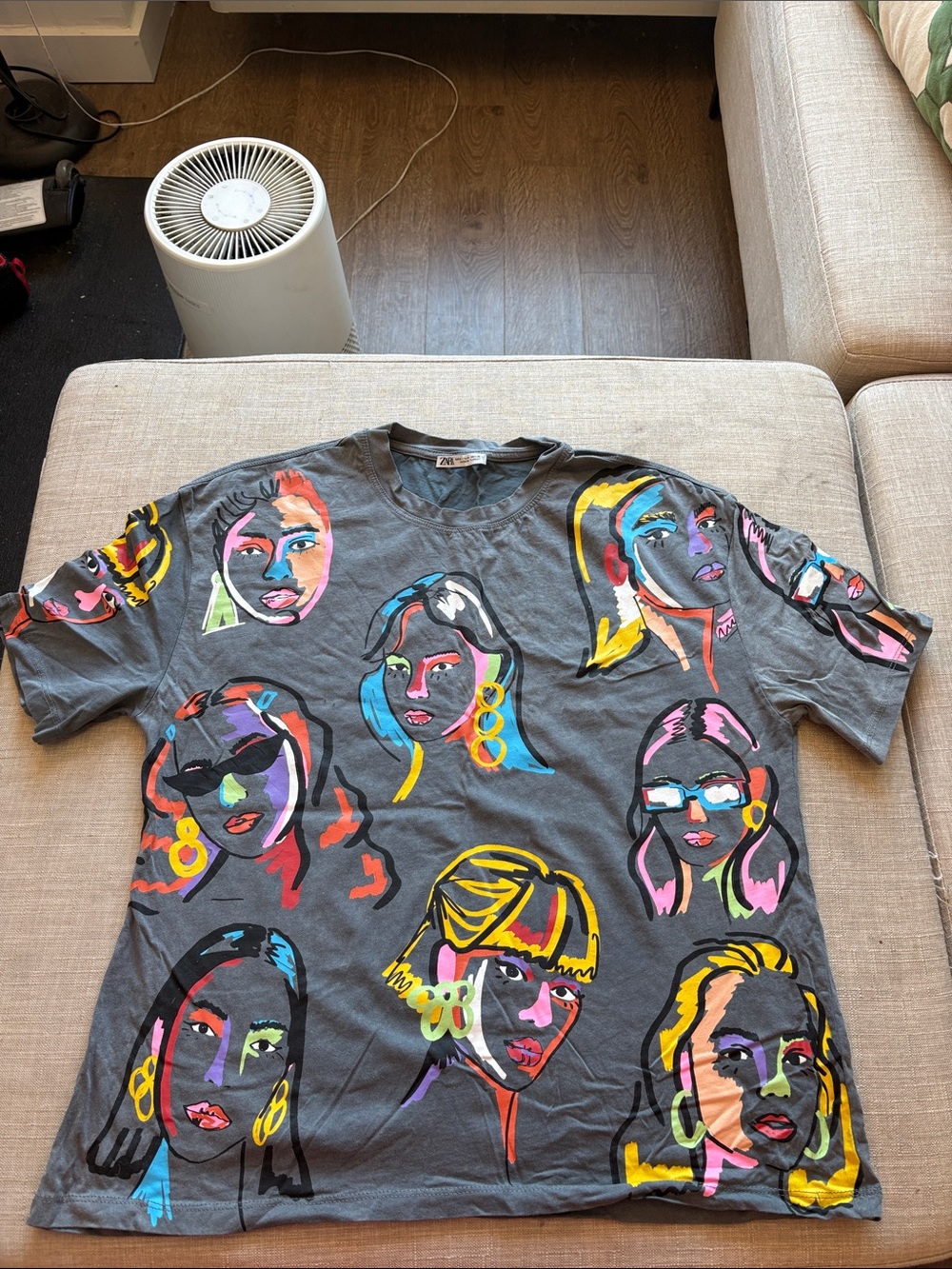 Zara Charcoal Graphic Pop Art Faces Tee with Multicolor Print